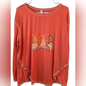 NORACORA GNOME HALLOWEEN/FALL/AUTUMN THEMED GRAPHIC PRINT BLOUSE. SIZE LARGE.